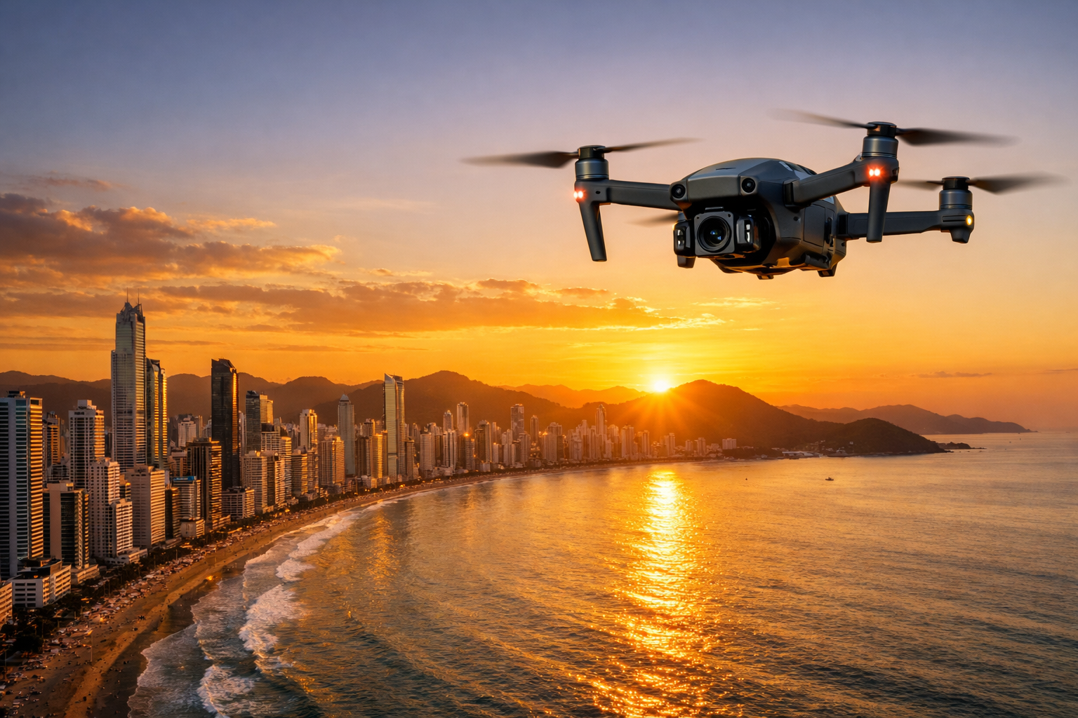 Drone em Balneário Camboriú ao Pôr do Sol